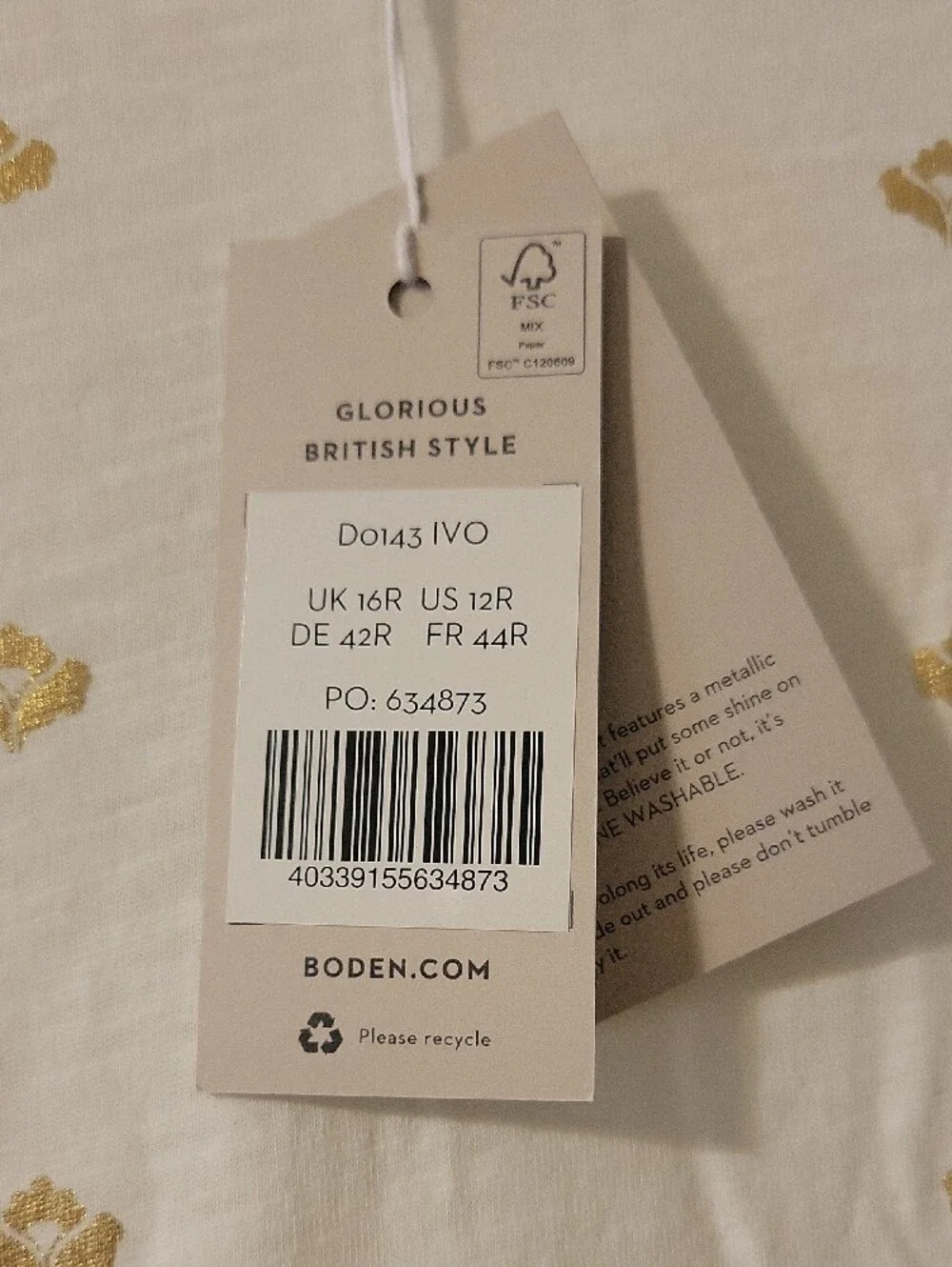 NWT Boden Cream Dress with Gold Foil Motif